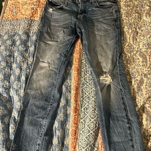 Express Dark Blue Distressed Women's Straight Leg Jeans